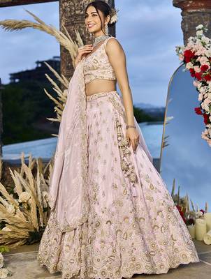 Pink Tissue Fabric Beads & Sequince Embroidered Semi Stitched Lehenga Choli & Dupatta 3