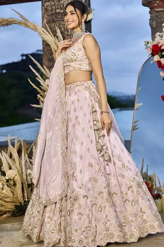 Pink Tissue Fabric Beads & Sequince Embroidered Semi Stitched Lehenga Choli & Dupatta