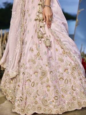 Pink Tissue Fabric Beads & Sequince Embroidered Semi Stitched Lehenga Choli & Dupatta 4