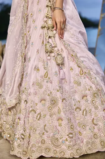 Pink Tissue Fabric Beads & Sequince Embroidered Semi Stitched Lehenga Choli & Dupatta