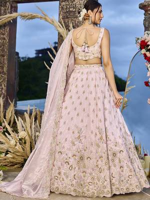 Pink Tissue Fabric Beads & Sequince Embroidered Semi Stitched Lehenga Choli & Dupatta 5