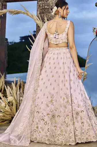 Pink Tissue Fabric Beads & Sequince Embroidered Semi Stitched Lehenga Choli & Dupatta