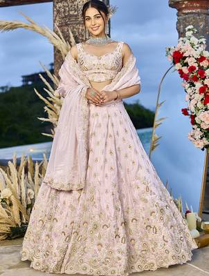 Pink Tissue Fabric Beads & Sequince Embroidered Semi Stitched Lehenga Choli & Dupatta 6