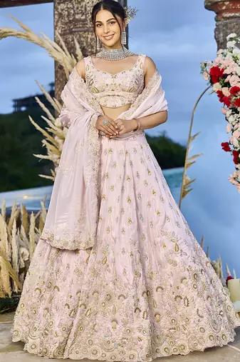 Pink Tissue Fabric Beads & Sequince Embroidered Semi Stitched Lehenga Choli & Dupatta