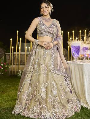 Lavender Tissue Fabric Beads & Sequince Embroidered Semi Stitched Lehenga Choli & Dupatta 1