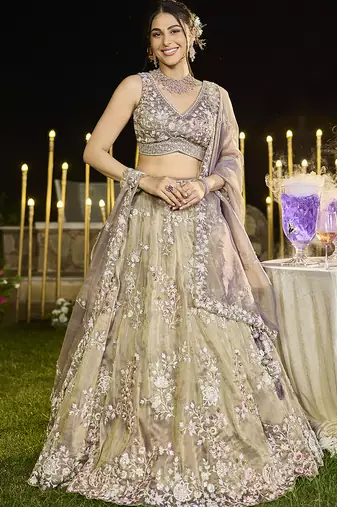 Lavender Tissue Fabric Beads & Sequince Embroidered Semi Stitched Lehenga Choli & Dupatta