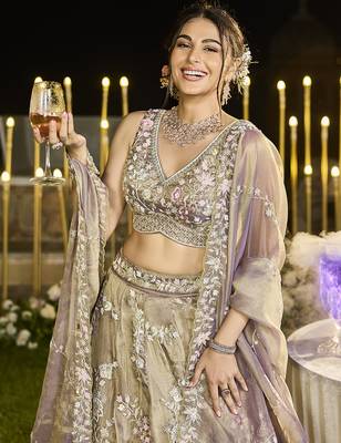 Lavender Tissue Fabric Beads & Sequince Embroidered Semi Stitched Lehenga Choli & Dupatta 3