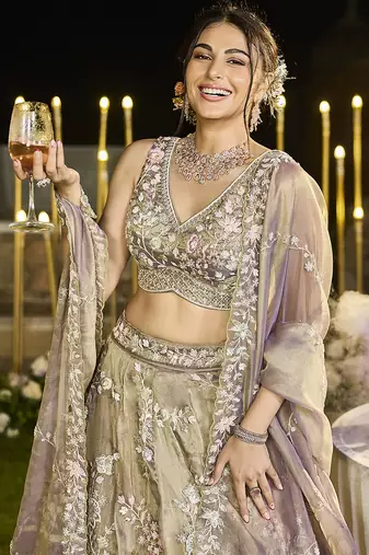 Lavender Tissue Fabric Beads & Sequince Embroidered Semi Stitched Lehenga Choli & Dupatta