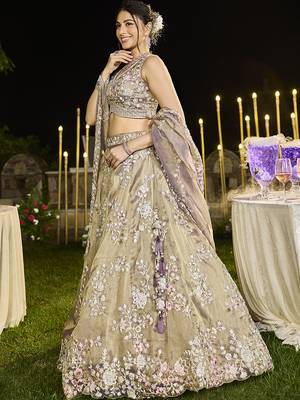 Lavender Tissue Fabric Beads & Sequince Embroidered Semi Stitched Lehenga Choli & Dupatta 4