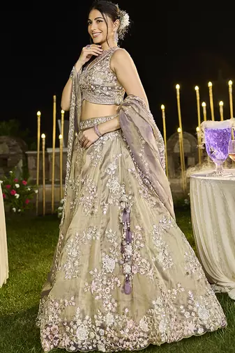 Lavender Tissue Fabric Beads & Sequince Embroidered Semi Stitched Lehenga Choli & Dupatta