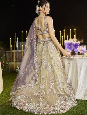 Lavender Tissue Fabric Beads & Sequince Embroidered Semi Stitched Lehenga Choli & Dupatta 5