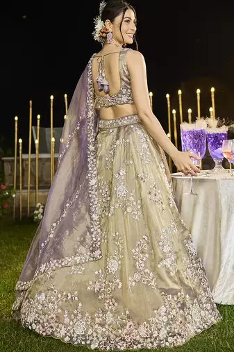 Lavender Tissue Fabric Beads & Sequince Embroidered Semi Stitched Lehenga Choli & Dupatta