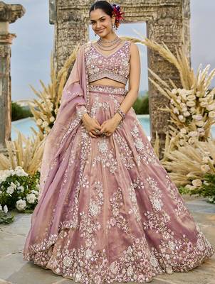 Pink Tissue Fabric Beads & Sequince Embroidered Semi Stitched Lehenga Choli & Dupatta 1