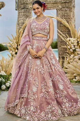Pink Tissue Fabric Beads & Sequince Embroidered Semi Stitched Lehenga Choli & Dupatta