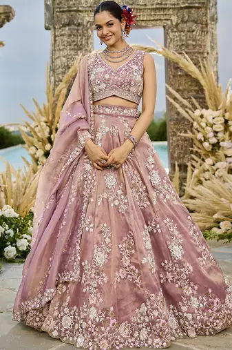 Pink Tissue Fabric Beads & Sequince Embroidered Semi Stitched Lehenga Choli & Dupatta