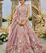 Pink Tissue Fabric Beads & Sequince Embroidered Semi Stitched Lehenga Choli & Dupatta