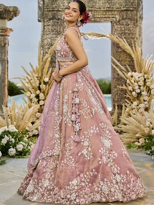 Pink Tissue Fabric Beads & Sequince Embroidered Semi Stitched Lehenga Choli & Dupatta 2