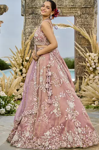 Pink Tissue Fabric Beads & Sequince Embroidered Semi Stitched Lehenga Choli & Dupatta