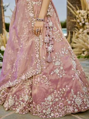 Pink Tissue Fabric Beads & Sequince Embroidered Semi Stitched Lehenga Choli & Dupatta 3