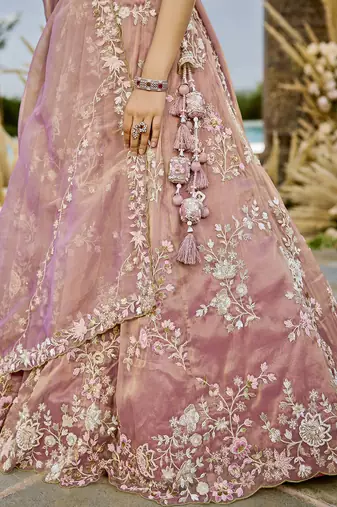 Pink Tissue Fabric Beads & Sequince Embroidered Semi Stitched Lehenga Choli & Dupatta