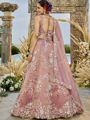 Pink Tissue Fabric Beads & Sequince Embroidered Semi Stitched Lehenga Choli & Dupatta 4