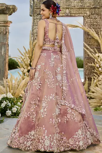 Pink Tissue Fabric Beads & Sequince Embroidered Semi Stitched Lehenga Choli & Dupatta