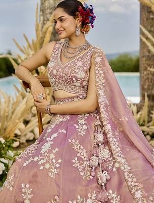 Pink Tissue Fabric Beads & Sequince Embroidered Semi Stitched Lehenga Choli & Dupatta 5