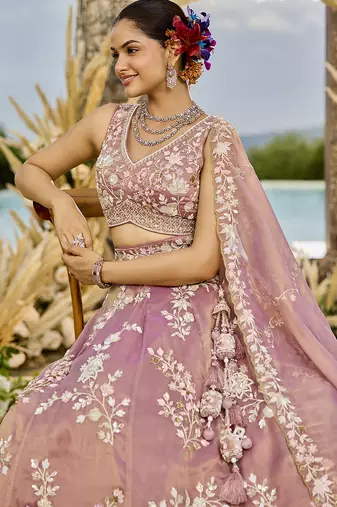 Pink Tissue Fabric Beads & Sequince Embroidered Semi Stitched Lehenga Choli & Dupatta