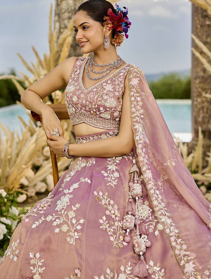 Pink Tissue Fabric Beads & Sequince Embroidered Semi Stitched Lehenga Choli & Dupatta