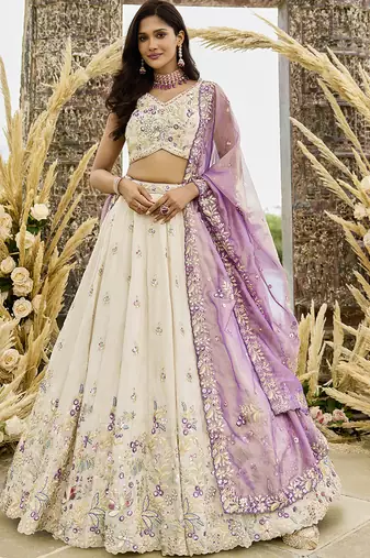 Cream Tissue Fabric Sequins Thread & Embroidery Semi Stitched Lehenga Choli & Dupatta