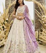Cream Tissue Fabric Sequins Thread & Embroidery Semi Stitched Lehenga Choli & Dupatta