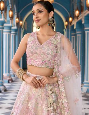 Cream Net Fabric Sequins embroidery Semi Stitched Lehenga & Unstitched Blouse With Dupatta 2