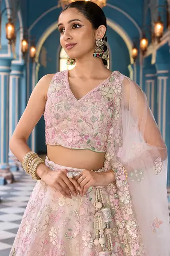 Cream Net Fabric Sequins embroidery Semi Stitched Lehenga & Unstitched Blouse With Dupatta