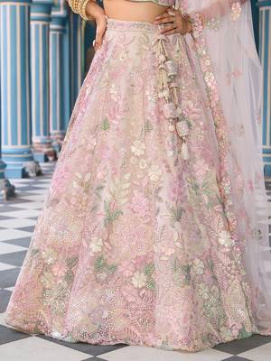 Cream Net Fabric Sequins embroidery Semi Stitched Lehenga & Unstitched Blouse With Dupatta 3