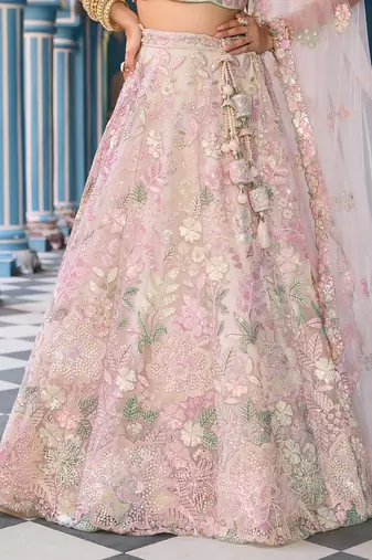 Cream Net Fabric Sequins embroidery Semi Stitched Lehenga & Unstitched Blouse With Dupatta