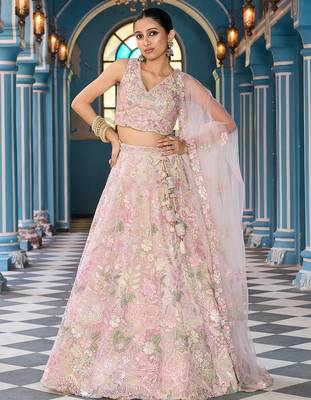 Cream Net Fabric Sequins embroidery Semi Stitched Lehenga & Unstitched Blouse With Dupatta 1