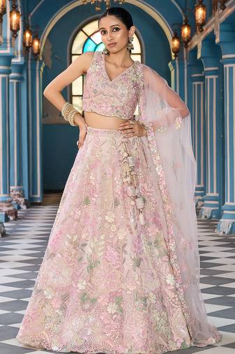 Cream Net Fabric Sequins embroidery Semi Stitched Lehenga & Unstitched Blouse With Dupatta