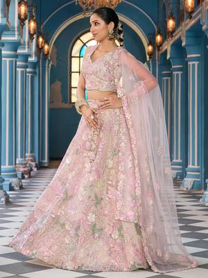 Cream Net Fabric Sequins embroidery Semi Stitched Lehenga & Unstitched Blouse With Dupatta 4