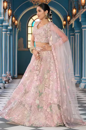 Cream Net Fabric Sequins embroidery Semi Stitched Lehenga & Unstitched Blouse With Dupatta
