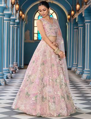 Cream Net Fabric Sequins embroidery Semi Stitched Lehenga & Unstitched Blouse With Dupatta 5