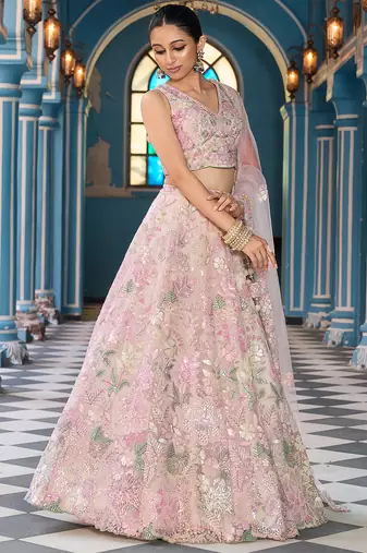 Cream Net Fabric Sequins embroidery Semi Stitched Lehenga & Unstitched Blouse With Dupatta