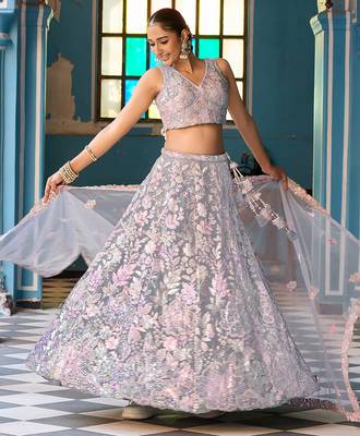 Grey Net Fabric Sequins embroidery Semi Stitched Lehenga & Unstitched Blouse With Dupatta 1