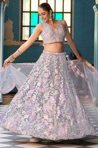 Grey Net Fabric Sequins embroidery Semi Stitched Lehenga & Unstitched Blouse With Dupatta