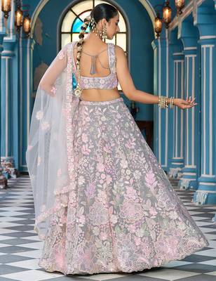 Grey Net Fabric Sequins embroidery Semi Stitched Lehenga & Unstitched Blouse With Dupatta 2