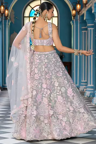 Grey Net Fabric Sequins embroidery Semi Stitched Lehenga & Unstitched Blouse With Dupatta