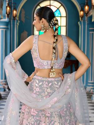 Grey Net Fabric Sequins embroidery Semi Stitched Lehenga & Unstitched Blouse With Dupatta 3