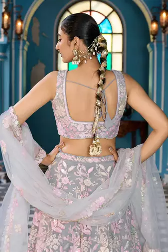 Grey Net Fabric Sequins embroidery Semi Stitched Lehenga & Unstitched Blouse With Dupatta