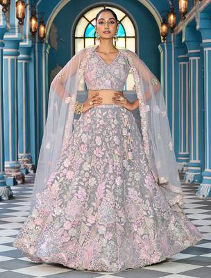 Grey Net Fabric Sequins embroidery Semi Stitched Lehenga & Unstitched Blouse With Dupatta 4