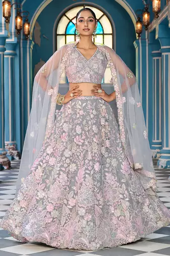 Grey Net Fabric Sequins embroidery Semi Stitched Lehenga & Unstitched Blouse With Dupatta