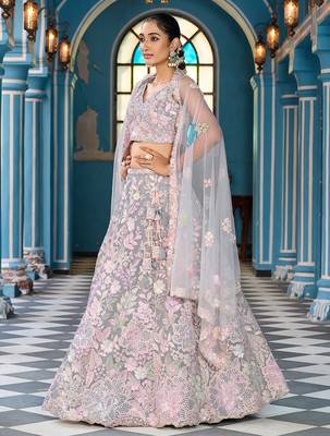 Grey Net Fabric Sequins embroidery Semi Stitched Lehenga & Unstitched Blouse With Dupatta 5